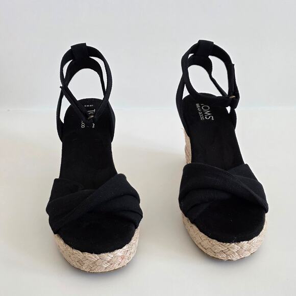 TOMS Black Jute Heel Wedge Espadrille Sandals Open Toe Ankle Strap Size 8 - Picture 2 of 7